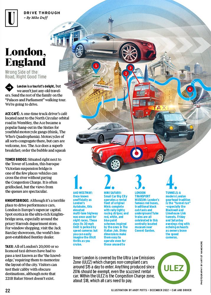 Car and Driver Magazine / Map style collage illustration - Andy Potts - Anna Goodson Illustration Agency