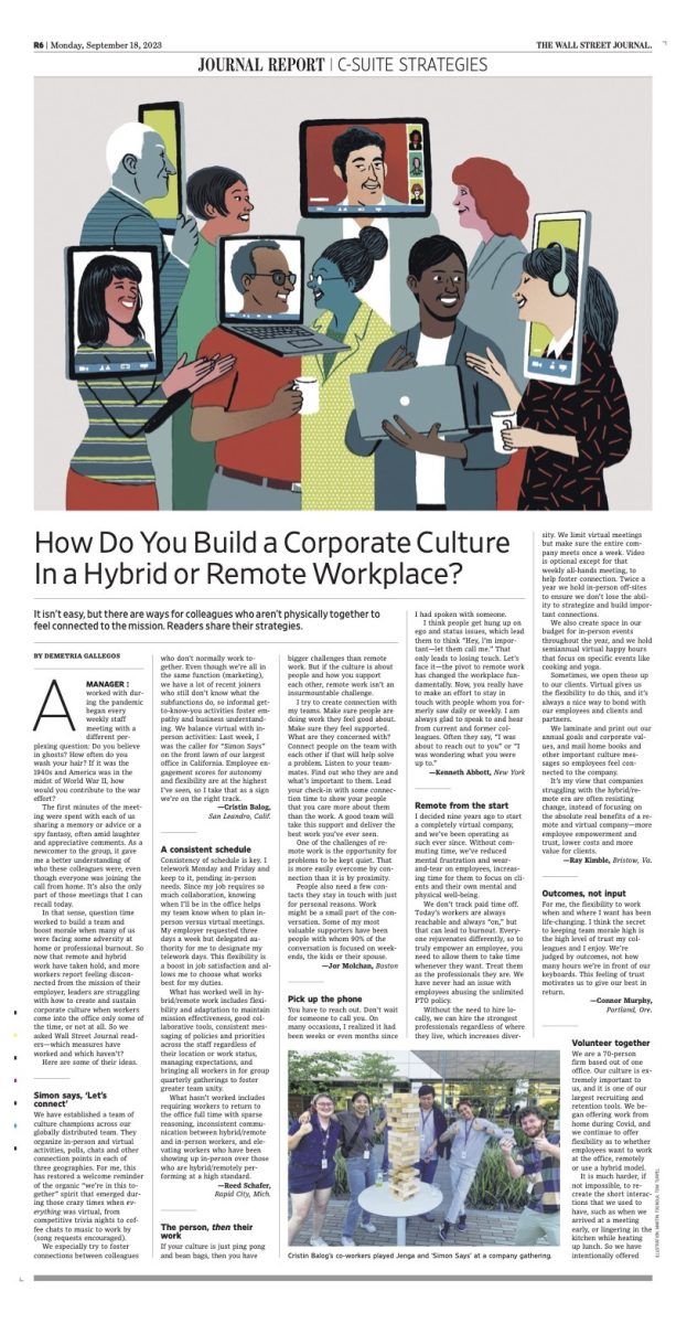 Wall Street Journal / Comment créer une culture d’entreprise dans un lieu de travail hybride ou distant ? - Martin Tognola - Anna Goodson Agence d'illustration