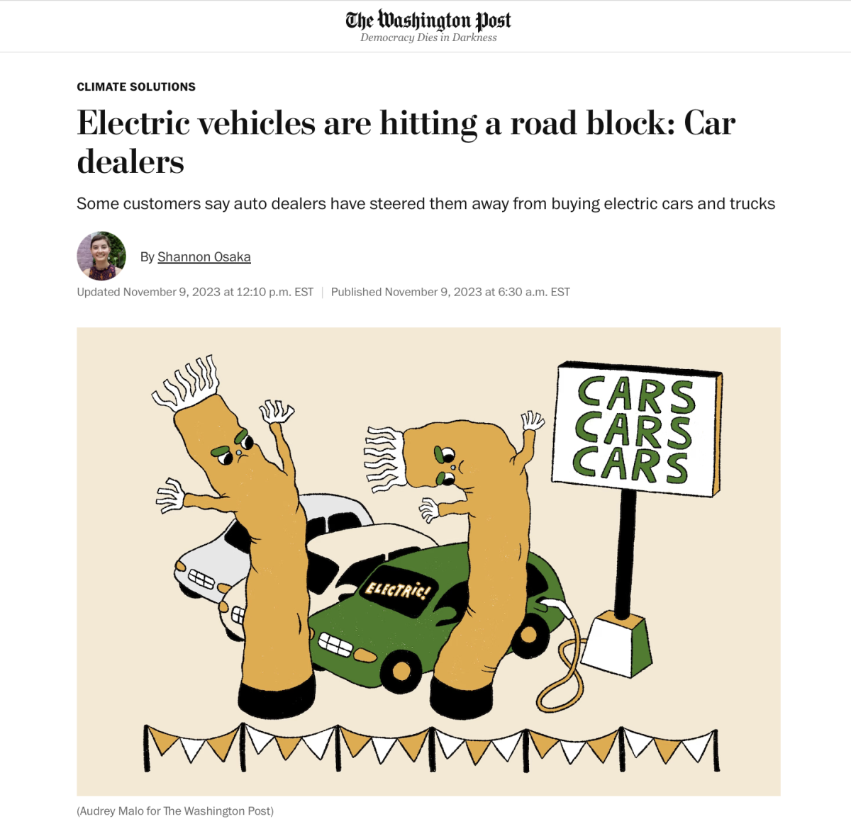 The Washington Post / Electric vehicles are hitting a road block: Car dealers - Audrey Malo - Anna Goodson Illustration Agency